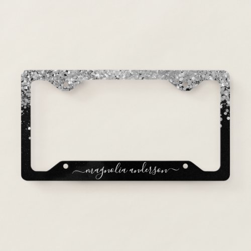 Black Silver Glitter Sparkle Monogram  License Plate Frame