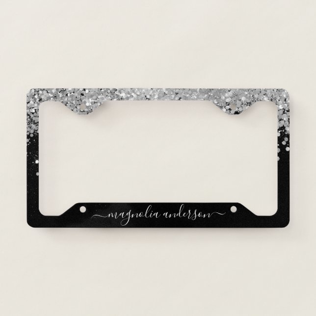 Black Silver Glitter Sparkle Monogram  License Plate Frame (Front)