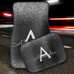 Black Silver Glitter Sparkle Monogram Modern Car Floor Mat