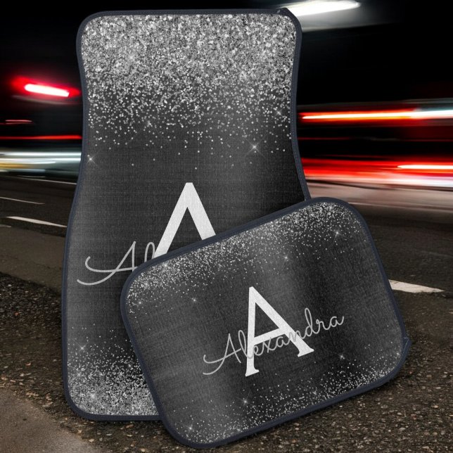 Black Silver Glitter Sparkle Monogram Modern Car Floor Mat (Creator Uploaded)