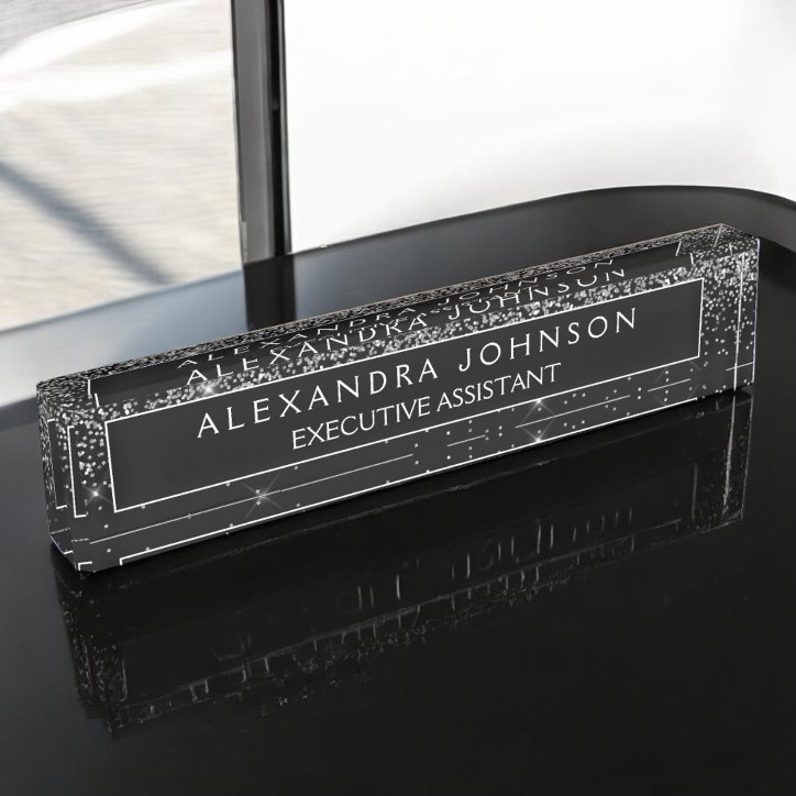 Black Silver Glitter Sparkle Professional Desk Name Plate