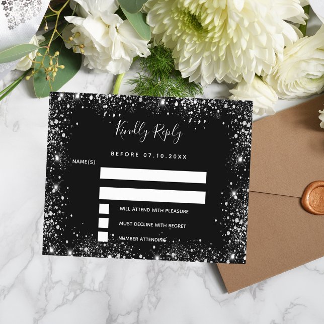 Black silver glitter sparkles budget wedding RSVP (Creator Uploaded)
