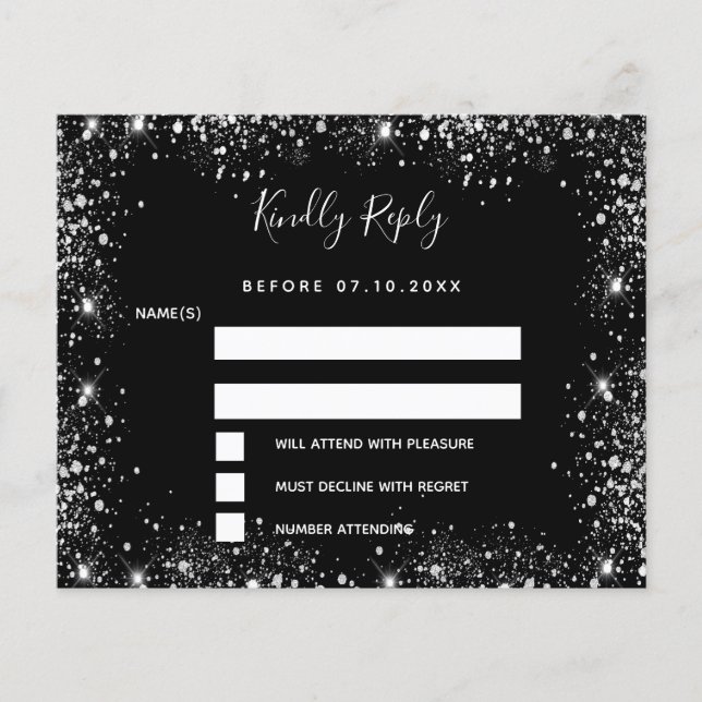 Black silver glitter sparkles budget wedding RSVP Flyer (Front)