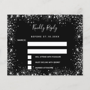 Black silver glitter sparkles budget wedding RSVP Flyer