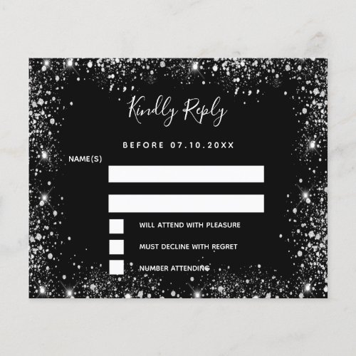 Black silver glitter sparkles budget wedding RSVP Flyer