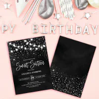 Black and Silver Glitter Sweet 16 Invitations