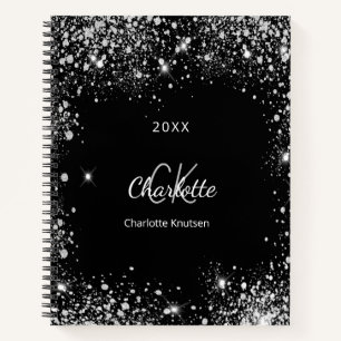 Black silver glitter sparkles monogram initials notebook