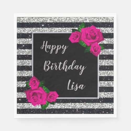 Black Silver Glitter Stripes Pink Roses Birthday Napkins