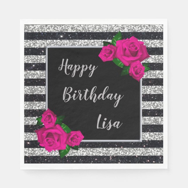 Black Silver Glitter Stripes Pink Roses Birthday Napkins (Front)