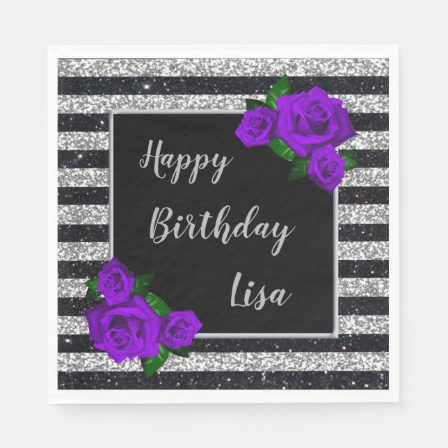 Black Silver Glitter Stripes Purple Roses Birthday Napkins (Front)