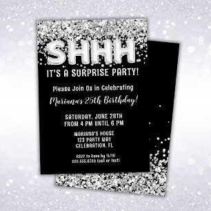 Black Silver Glitter Surprise Birthday Party Invitation