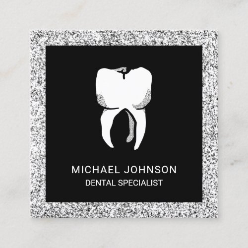 Black Silver Glitter Tooth Dental Clinic Dentist Square Business Card