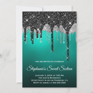 Black Silver Glitter Turquoise Teal Ombre Sweet 16 Invitation