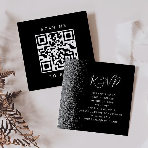 Black Silver Glitter Wedding QR Code RSVP Enclosure Card