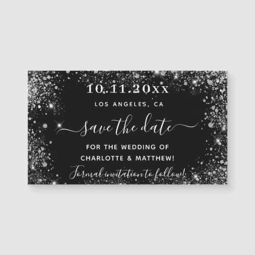 Black silver glitter wedding save the date magnet