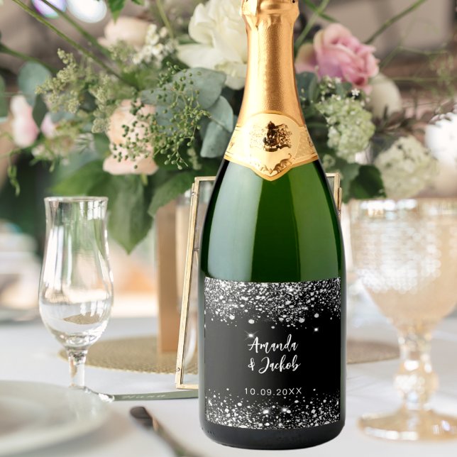 Black silver glitter wedding sparkling wine label (Creator Uploaded)