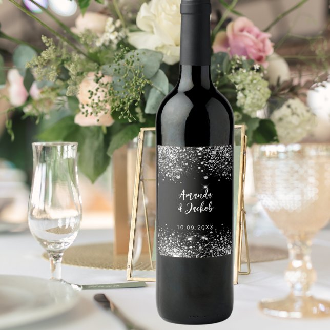 Black silver glitter wedding wine label (Creator Uploaded)