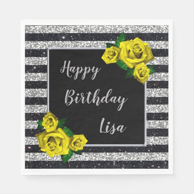 Black Silver Glitter Yellow Roses Birthday Napkins (Front)