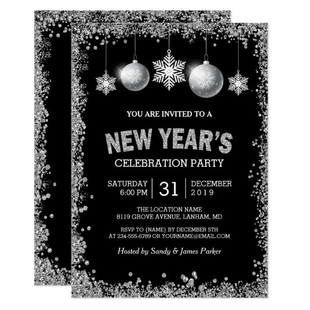 Black Silver Glitters New Year's Eve Party Invitation