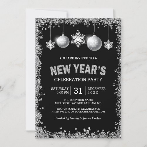 Black Silver Glitters New Years Eve Party Invitation
