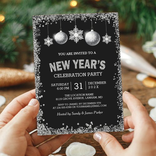 Black Silver Glitters New Year's Eve Party Card