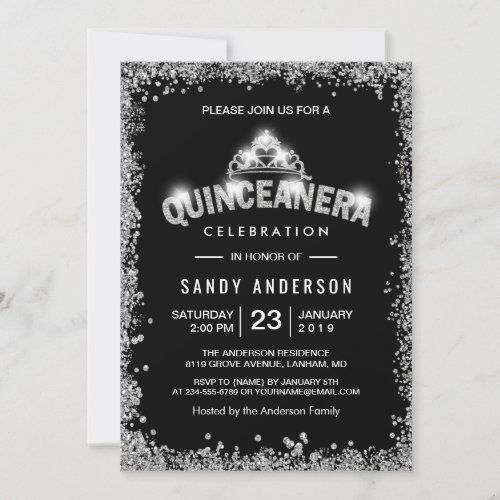 Black Silver Glitters Quinceanera 15th Birthday Card