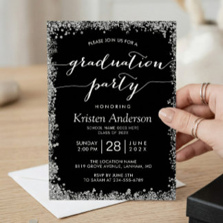 Black Silver Glitters Typography Graduation Party Invitation