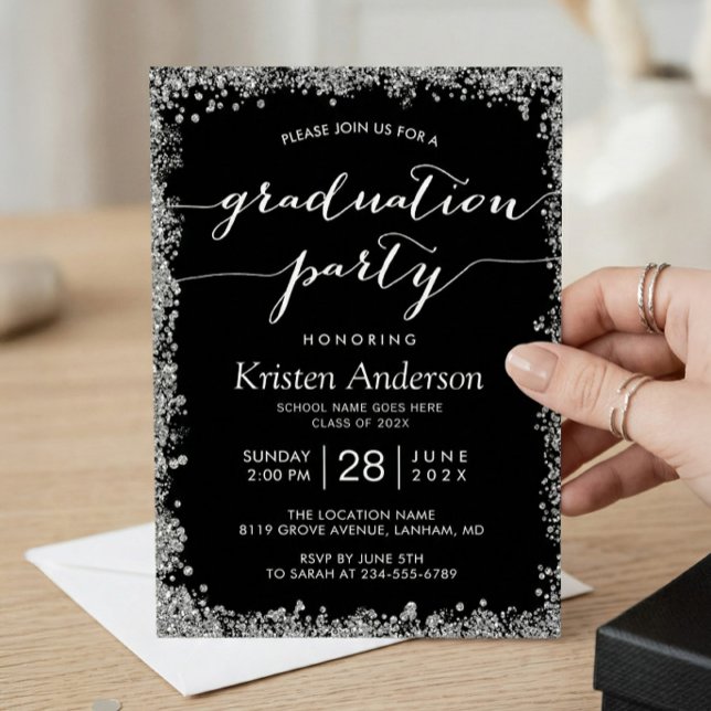 Black Silver Glitters Typography Graduation Party Invitation (Creator Uploaded)