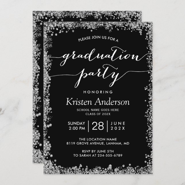 Black Silver Glitters Typography Graduation Party Invitation (Front/Back)