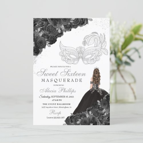 Black Silver Glittery Princess Dress Masquerade Invitation