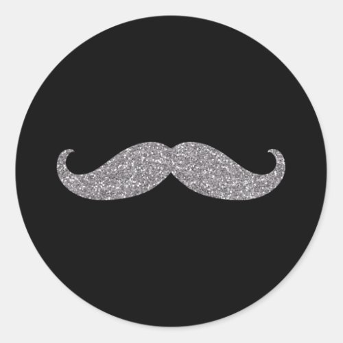 Black Silver Glitz Mustache Classic Round Sticker