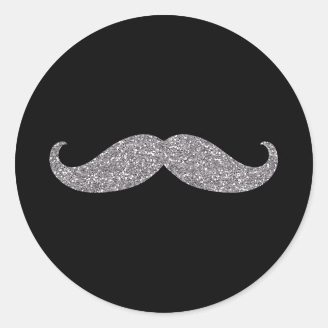 Black Silver Glitz Mustache Classic Round Sticker (Front)