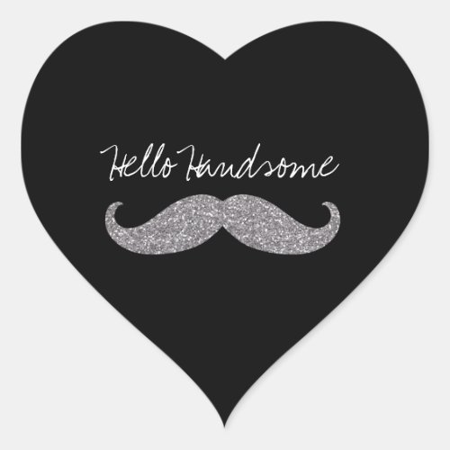 Black Silver Glitz Mustache Hello Heart Sticker