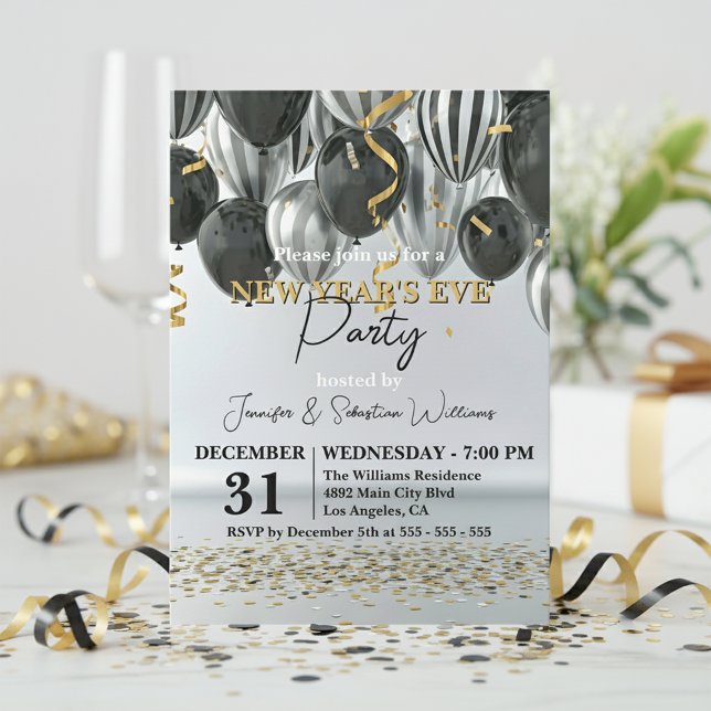 Black Silver Gold Confetti New Year's Eve Party Invitation (Creator Uploaded)