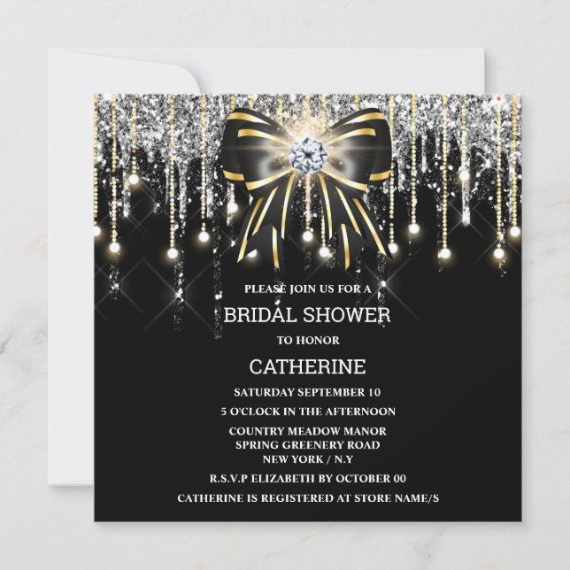 Black silver gold diamond shimmer lights elegant invitation (Front)