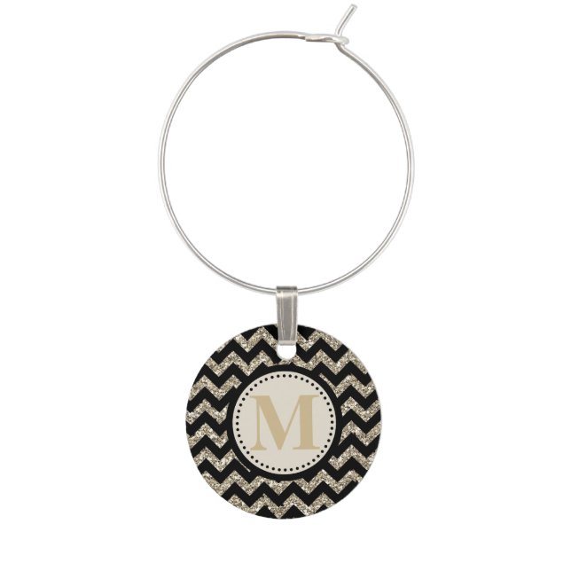 Black Silver Gold Faux Glitter Chevron Monogram Wine Glass Charm (Front)