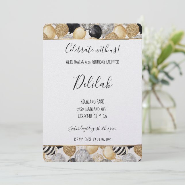 Black Silver Gold Glam Balloons Birthday Invitation (Standing Front)