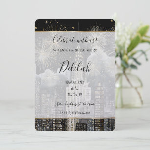 Black Silver Gold Glam Firework City Birthday Invitation