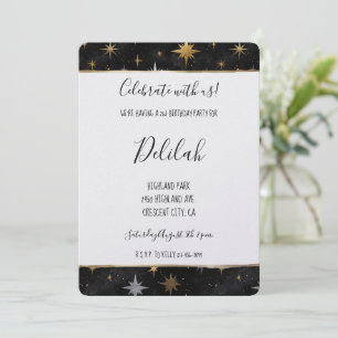 Black Silver Gold Glam Firework Stars Birthday Invitation