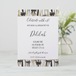 Black Silver Gold Glam Ribbons & Bows Birthday Invitation
