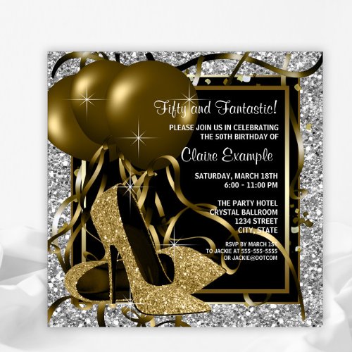 Black Silver Gold High Heels Womans Birthday Party Invitation