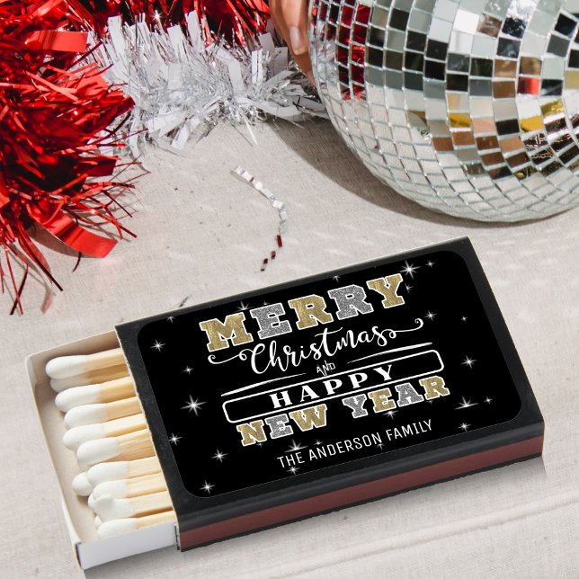 Black Silver & Gold Merry Christmas Happy New Year Matchboxes (Black Silver & Gold Glitter Merry Christmas Happy New Year Matchboxes)