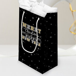 Black Silver & Gold Merry Christmas Happy New Year Small Gift Bag