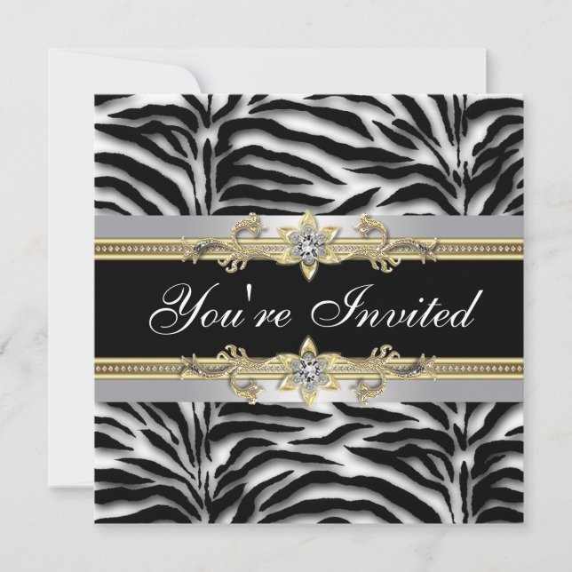 Black Silver Gold Zebra All Occasion Party Invitation (Front)
