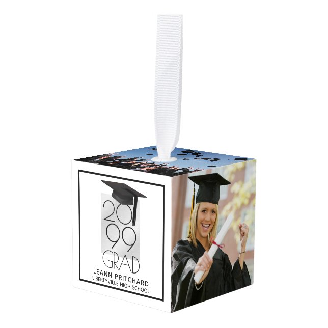 Black & Silver GRAD 5-Photo Keepsake Cube Ornament (Front Angled)