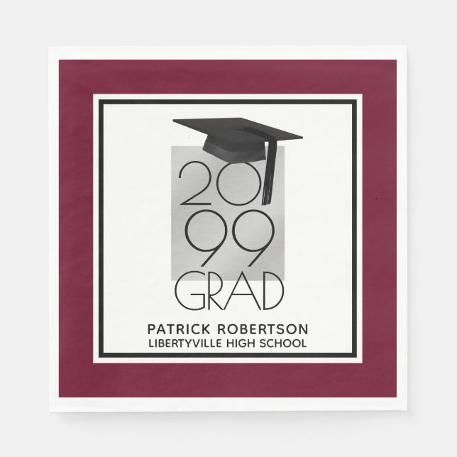 Black & Silver GRAD | Editable Maroon | Graduation Napkins (Front)