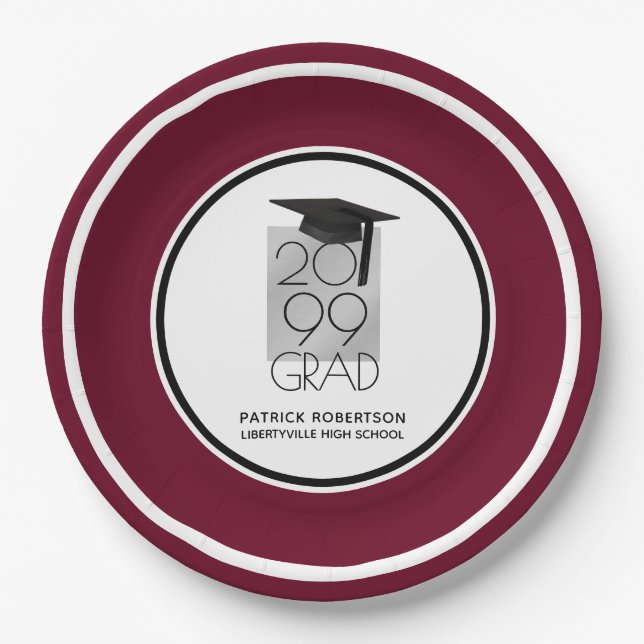 Black & Silver GRAD | Editable Maroon | Graduation Paper Plates (Front)
