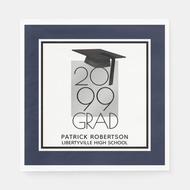 Black & Silver GRAD | Editable Navy | Graduation Napkins (Front)