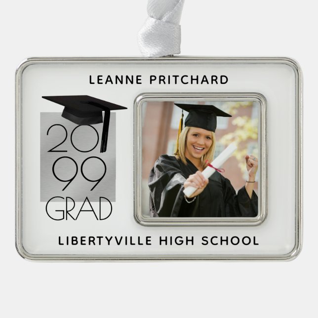 Black & Silver GRAD | Graduation Photo Keepsake Christmas Ornament (Front)