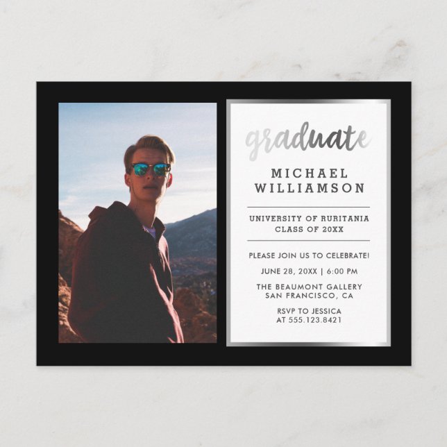 Black & Silver Graduate Photo Graduation Party Invitation Postcard (Front)